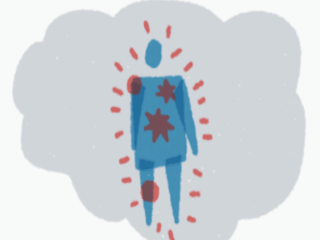 A blue human figure with red starburst shapes marking pain points on the chest, shoulder, and leg, surrounded by red lines indicating discomfort or stress.