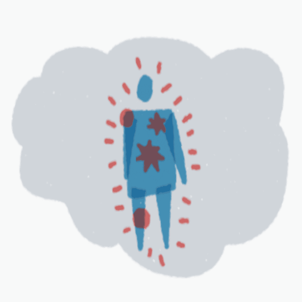 A blue human figure with red starburst shapes marking pain points on the chest, shoulder, and leg, surrounded by red lines indicating discomfort or stress.