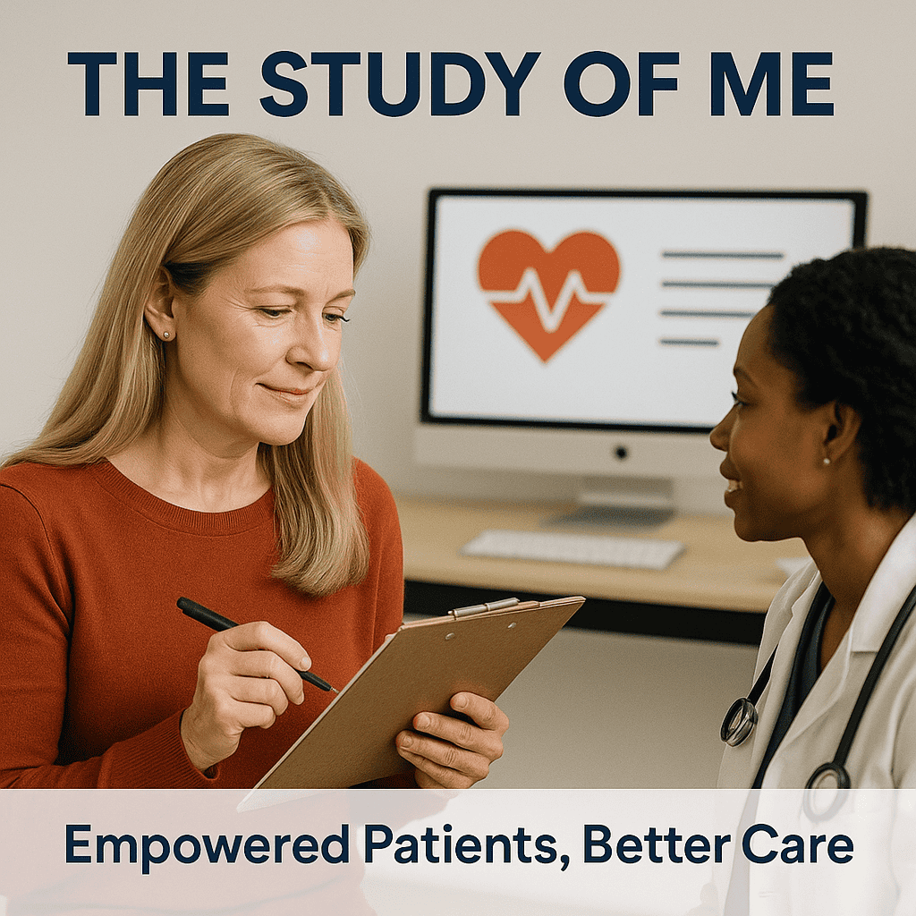 “Woman with clipboard talking to doctor, with heart monitor on screen. Text: The Study of Me – Empowered Patients, Better Care.”